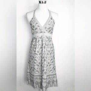 Athleta Balsa Burnout Gray Batik Dress Geometric Print Halter Top Back Tie Belt